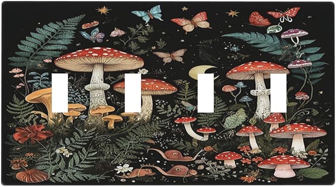 Cartoon Floral Mushroom forest Butterfly Flowers Light Switch Covers Quad Toggle 4 Gang Wall Plate Decorative Switch Plates Electrical Faceplate for Bedroom Kids Room Decor