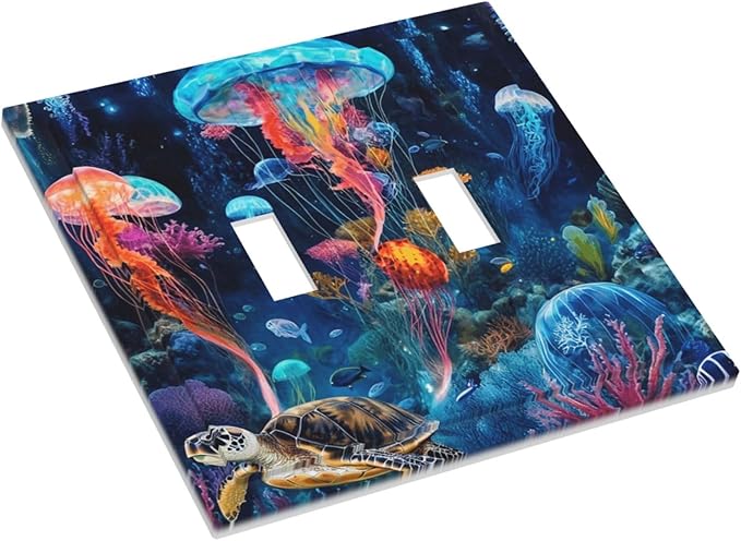 Jellyfish Sea Turtle Fantasy Ocean Coral Underwater World Decorative Switch Plates 2 Gang Double Toggle Outlet Light Switch Cover Wall Plate Electrical Faceplate for Nursery Kids Room Decor