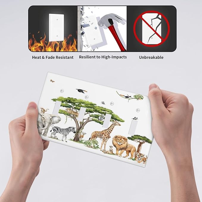 Large Animals Elephant Giraffe Jungle Lion Leopard Zebra Light Switch Covers Quad Toggle Electrical Faceplate 4 Gang Wall Plate Decorative Switch Plates Cover for Kids Room Nursery Decor