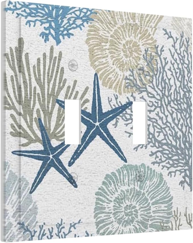 Nautical Anchor Teal Blue Beach Sea Ocean Starfish Coral Seashell Conch Underwater 2 Gang Electrical Double Toggle Outlet Light Switch Wall Plate Decorative Receptacle Face Switchplate Cover Mid Size