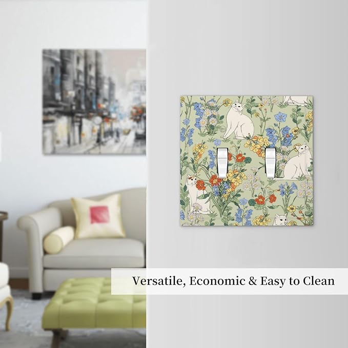 Decorative Switch Plates Vintage Floral Cute Cat Colorful Flowers 2 Gang Double Toggle Outlet Light Switch Cover Wall Plate Electrical Faceplate For Bed Room Living Room Decor