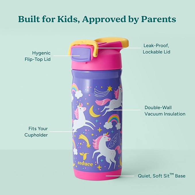 Reduce Hydrate Pro Kids 14oz Stainless Steel Insulated Water Bottle w/Straw – Spill Proof Tumbler for Kids – 30 Hour Cold Retention – Dishwasher Safe Leak-Proof Design - Unicorn Magic
