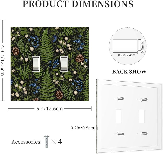 Mystical Forest Floor Double Toggle Switch Cover - 2-Gang Standard US Size Dark Botanical Fern & Berry Light Switch Covers, Cottagecore Woodland for Farmhouse Home Decor