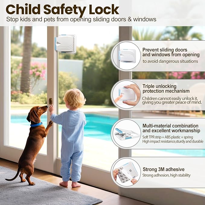STERGDE Sliding Door Lock 2 Pack, Prevent children from opening sliding doors, sliding door baby proof, Easy To Install, For Sliding Glass Doors, Sliding Windows, Sliding Closets, Etc（Blue）