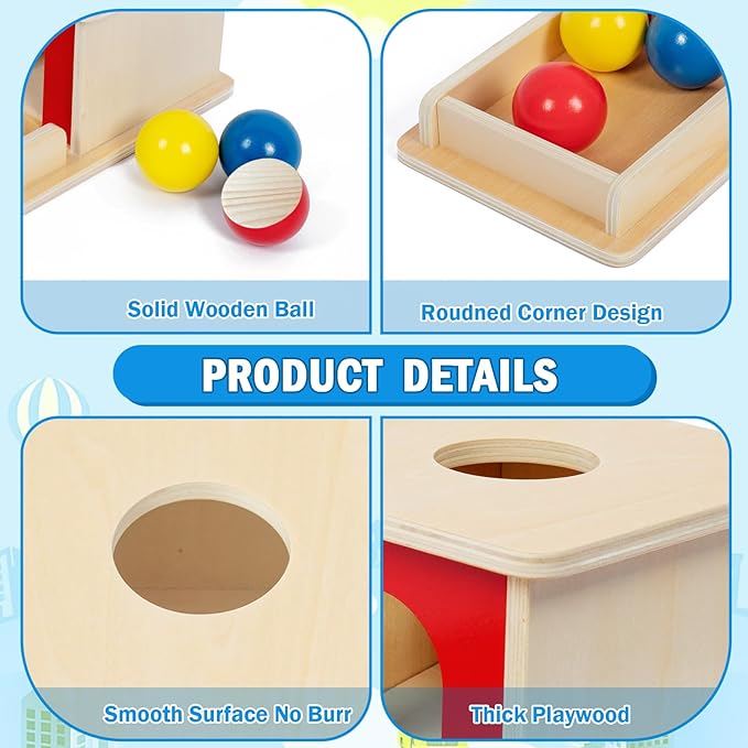 Adena Montessori Wooden Toy for 6-12 Month Baby 3 Balls,Object Permanence Box with red Door Colorful Learning Education Toy for Toddler Kid 1-2 Year Old, Preschool Girl and Boy Gift Full Size Typical