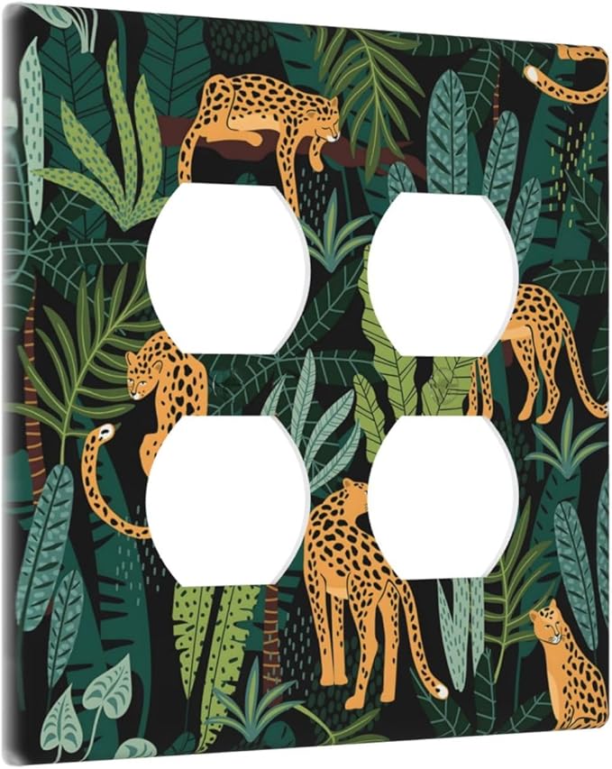 Jungle Cheetah Tropical Wildlife Leopard Green Palm Leaf Outlet Covers 2 Gang Double Duplex Decorative Light Switch Covers Electrical Wallplates Socket Faceplate for Farmhouse Home Decor