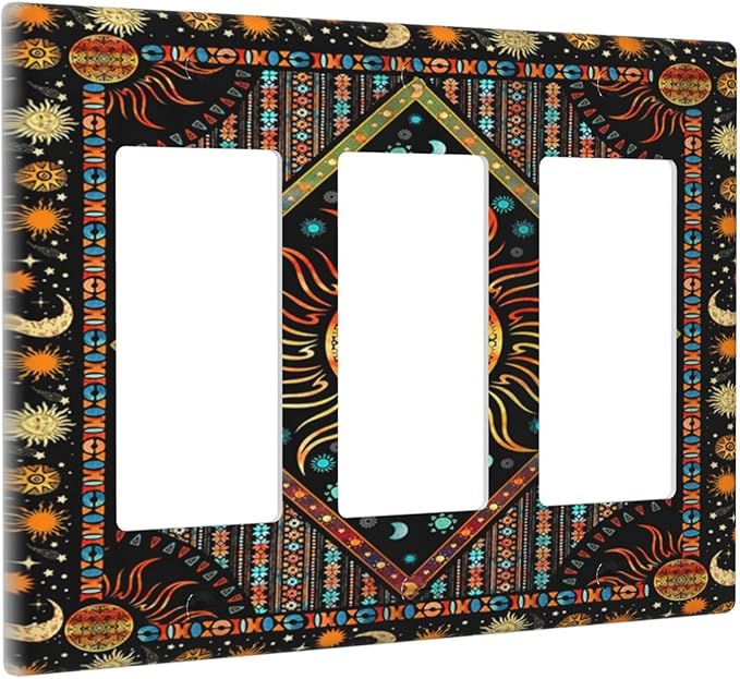 Light Switch Cover Boho Burning Sun Hippie Retro Bohemian Gypsy 3 Gang Wall Plate Triple Light Switch Plate Rocker GFCI Outlet Covers Decorative Receptacle Cover for Bathroom Home Decor