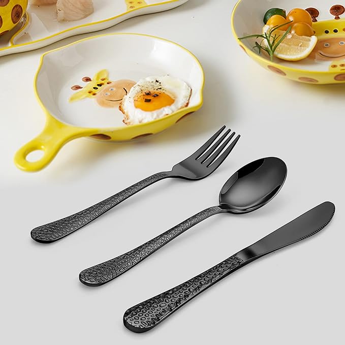 LIANYU 15-Piece Kids Black Silverware Set, Stainless Steel Toddler Utensils, Hammered Metal Flatware Cutlery Set Preschooler, Children Tableware Includes Knives Forks Spoons, Dishwasher Safe