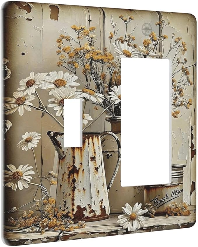 Rustic Flowers Daisy Floral White Wooden Planks Outlet Covers 1 Toggle 1 Rocker Combination Decorative Wall Plate Electrical Switch Plates Light Switch Cover Plate for Farmhouse Home Decor