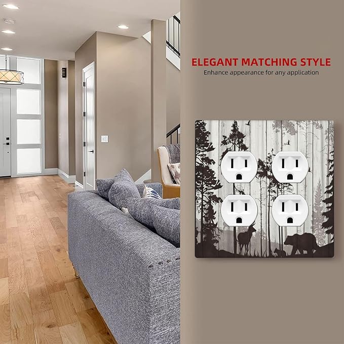 Decorative Outlet Covers Rustic Deer Hunting Forest Grey Wood Plank 2 Gang Wall Plate Double Duplex Light Switch Cover Switch Plate Covers Faceplate for Bedroom Home Decor