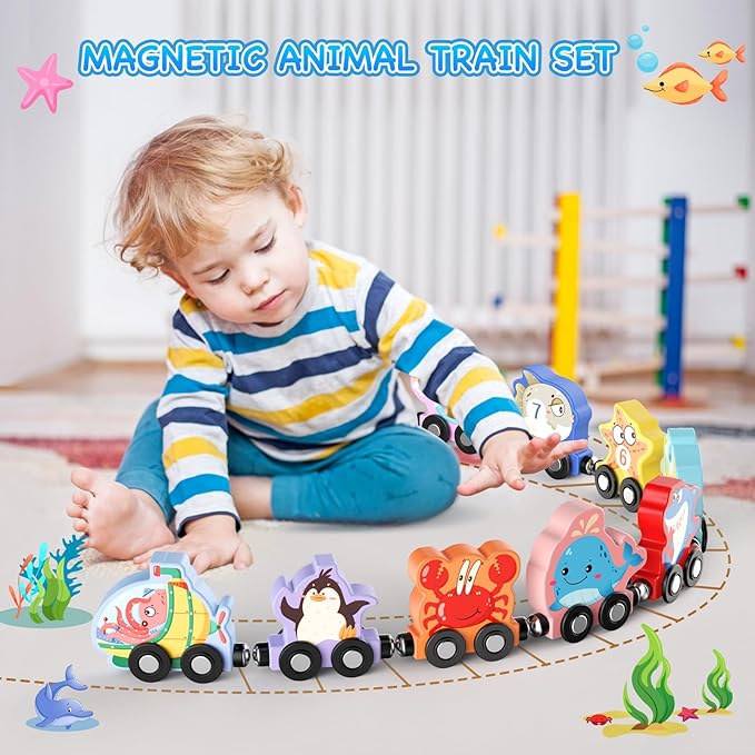 Zeoddler Toys for Toddlers, 11 Magnetic Wooden Sea Animals Train Set, Montessori Toys for Toddlers, Educational Activities for Kids, Birthday Gifts for Boys, Girls