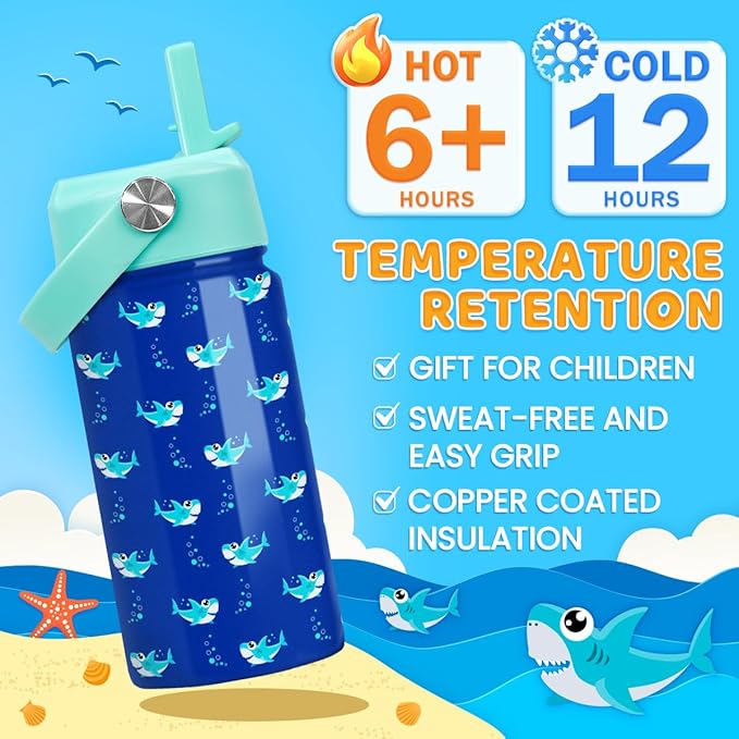 SANDJEST Shark Water Bottle - Kids Water Bottle with Straw Lid - 12 Oz Insulated Stainless Steel Water Bottles for Kid Boy- Travel Cup for School Sports