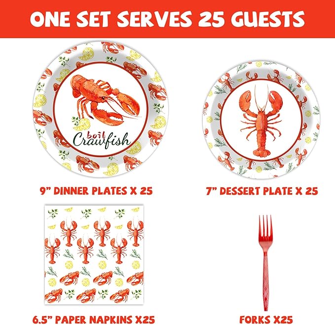 Qyeahkj 100 Pcs Crawfish Boil Party Plates and Napkins Set Crawfish Party Decorations Supplies Lobster Seafood Shrimp Boil Tableware Crawfish Crab Party Favors for Birthday Baby Shower Serve 25