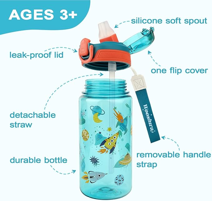 Kids Water Bottle for School or Travel, 20 Oz 2 Pack Durable Plastic Water Bottle with Silicone Straw and Pop-Up Spout Cover, BPA Free & Dishwasher Safe(Rocket & Ocean Animals)
