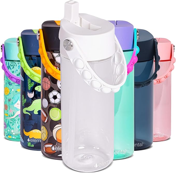 Elemental Water Bottles for Kids - Splash Kids Water Bottle for School with Pop-it Handle - BPA Free Tritan Plastic Water Bottle with Straw Leak Proof when Spout is Closed - Clear - 18oz
