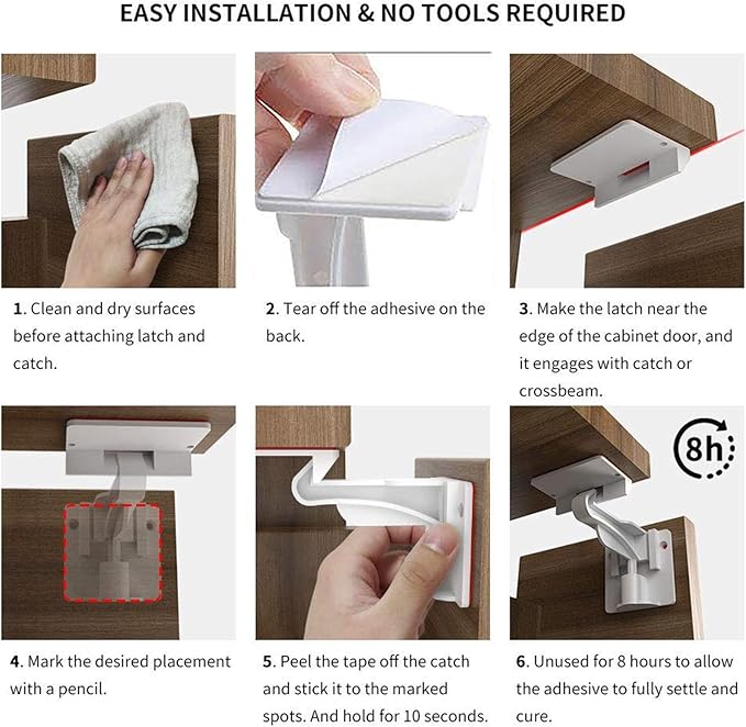 20 Pack Upgraded Invisible Baby Proofing Cabinet Latch Locks – No Drilling or Tools Required, Strong Adhesive, Works with Countertop Overhangs, Secure Child Safety Locks for Cabinets & Drawers