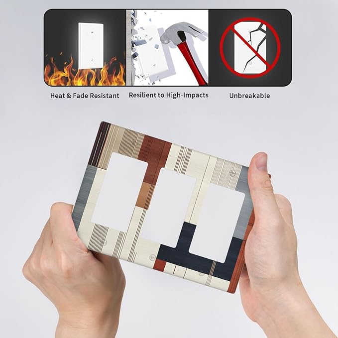 Abstract Geometric Triple Rocker Light Switch Cover Modern Squares 3 Gang Rocker Outlet Covers Switchplates Wall Plate Decorative Electrical Faceplate for Bedroom Kitchen Home Decor