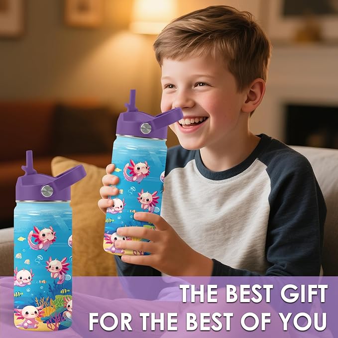 Axolotl Gifts for Girls, 16oz Axolotls Water Bottle with Straw Lid, BPA-Free, Leak Proof Stainless Steel Insulated Tumbler, Adorable Ocean Animal Mug Cup for Sports,Travel Boys Birthday Gifts (1pc)