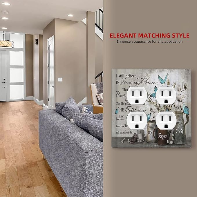 Decorative Outlet Covers Blue Butterfly Rustic Flower Inspirational Quotes 2 Gang Double Duplex Light Switch Cover Wall Plates Electrical Socket Cover Art Faceplate for Bathroom Bedroom Decor