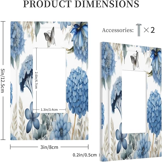 Blue Floral Hydrangea Floral Butterfly Flower Plant Decorative Outlet Covers 1 Gang Single Rocker Light Switch Cover Plate Wall Plates GFCI Faceplate for Bedroom Living Room Decor