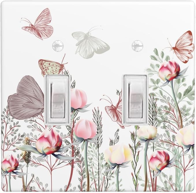 Wildflower Butterfly 2-Gang Double Toggle Switch Plate, Pink Floral Vintage Wall Plate for Home, Bedroom, Sunroom & Bathroom