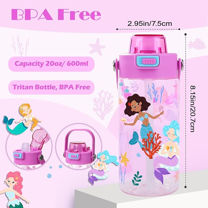 Queenshin Girls Mermaid Water Bottle for School 20oz BPA-Free Tritan Outdoor Kids Sports Leak Proof Water Cup with Straw Lid Handle Pop-Up Spout Cover