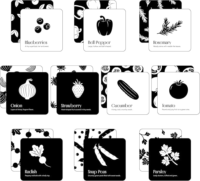 Garden for Baby Black and White Cards by Chunky Deli | High Contrast Sensory Toy for Newborn Visual Stimulation & Tummy Time | 10 Laminated Infant Learning Cards | Unique Foodie