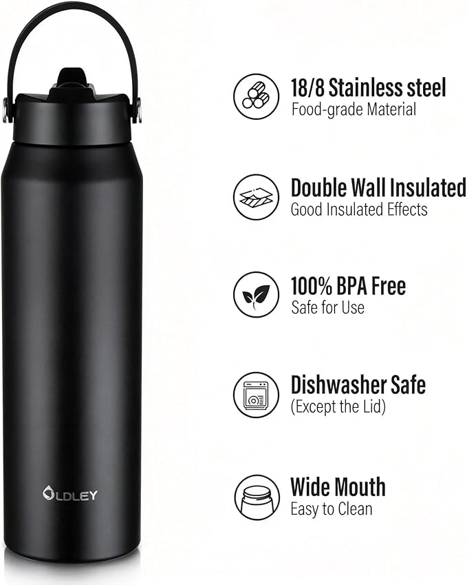 Oldley 32oz Insulated Water Bottle with Straw, Stainless Steel Water Bottle for Sports, Travel, School, BPA-Free Sports Bottles for Adult Kids, Leak-Proof, Black