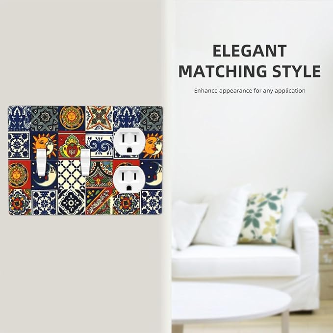 Colorful Boho Mexican Tiles 3-Gang 2-Toggle 1-Duplex Receptacle Combination Light Switch Decorative Mandala Moon and Sun Witchy Gothic Triple Combo Device Switches/Rocker Outlet Covers and Wall Plate