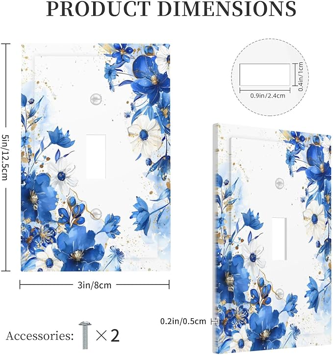 Klein Blue Flowers Watercolor Golden White Floral Decorative Light Switch Cover 1 Gang Single Toggle Device Electrical Faceplate Switchplates Decorator Outlet Wall Plate for Bedroom Living Room Decor