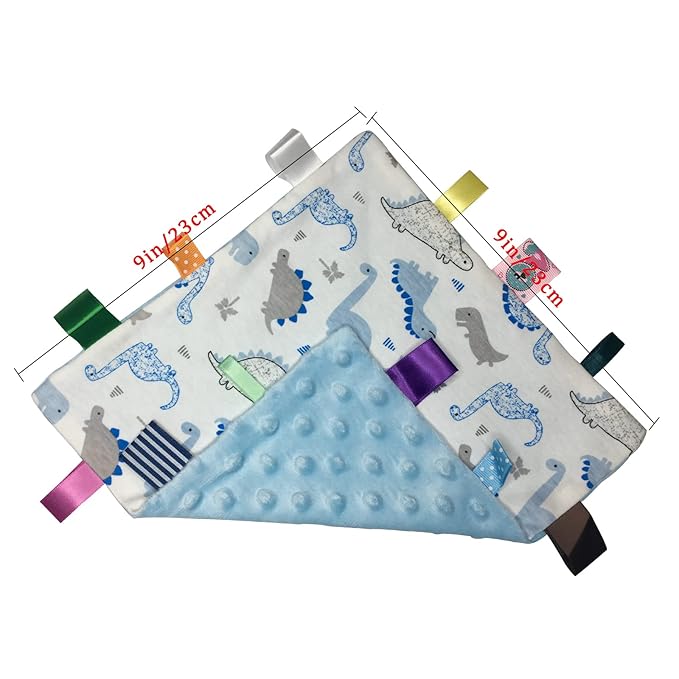 Lovey Dinosaur Security Blanket for Baby - Soft Plush Sensory Toy Comfort Appease Towel with Minky Dot Fabric - Small Taggy Blanket, No Crinkle Paper - Light Blue