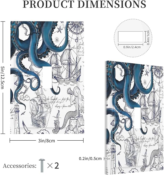 Nautical Vintage Map Octopus Mermaid Lighthouse Boat Decorative Light Switch Cover 1 Gang Single Toggle Device Electrical Faceplate Switchplates Decorator Outlet Wall Plate for Bathroom Kids Room