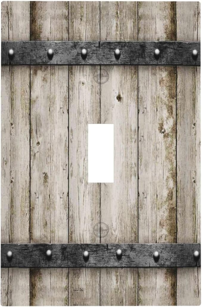 Vintage Rustic Western Country Farmhouse Wooden Barn Cabin Garage Wood Door 1 Gang Single Toggle Electrical Outlet Light Switch Wall Plate Receptacle Face Plate Cover Decorative One Device Switchplate