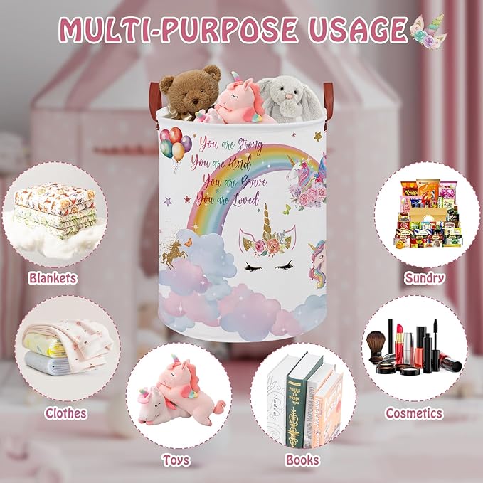 Unicorn Room Decor Kids Laundry Basket, Rainbow Cloud Toy Box for Girls,Pink Toddler Laundry Hamper Storage Bin,Cute Shelf Basket Clothes Book Toy Box Bin for Bedroom Bathroom(Cloud Unicorn)
