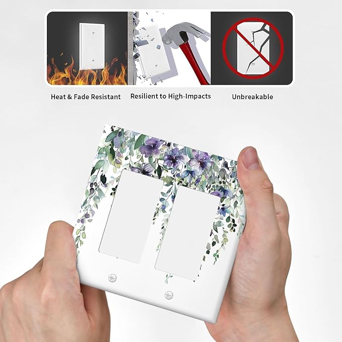 Decorative Outlet Covers Blue Purple Eucalyptus Leaves Boho Botanical 2 Gang Double Rocker Light Switch Cover Decorative Switch plates Electrical Wallplates GFCI Receptacle for Bathroom Home