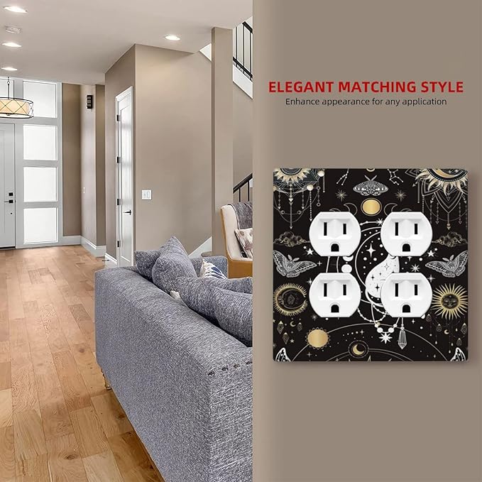 White Cat Tarot Moon Phases Moth Celestial Gothic Outlet Covers 2 Gang Double Duplex Decorative Light Switch Covers Electrical Wallplates Socket Faceplate for Kids Room Bedroom Decor