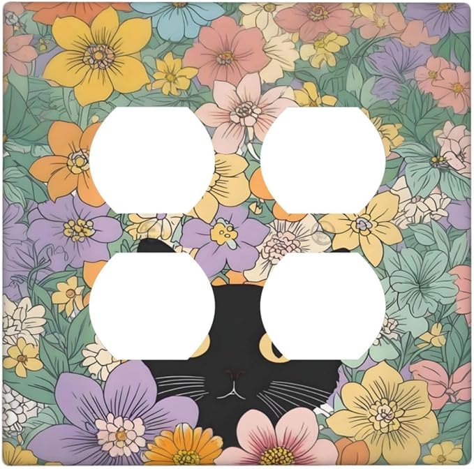 Outlet Covers Funny Cute Cartoon Cat Floral Colorful Flower 2 Gang Double Duplex Decorative Light Switch Covers Electrical Wallplates Socket Faceplate For Kids Room Nursery Decor
