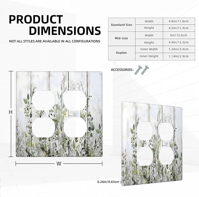 Sage Green Eucalyptus Rustic Country Botanical Leaf Flower Outlet Covers 2 Gang Double Duplex Decorative Light Switch Covers Electrical Wallplates Socket Faceplate for Farmhouse Bedroom Decor