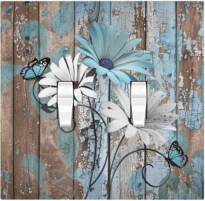 Decorative Switch Plates Rustic Flower Teal Turquoise Daisy Butterfly 2 Gang Double Toggle Outlet Light Switch Cover Wall Plate Electrical Faceplate For Farmhouse Cabin Decor