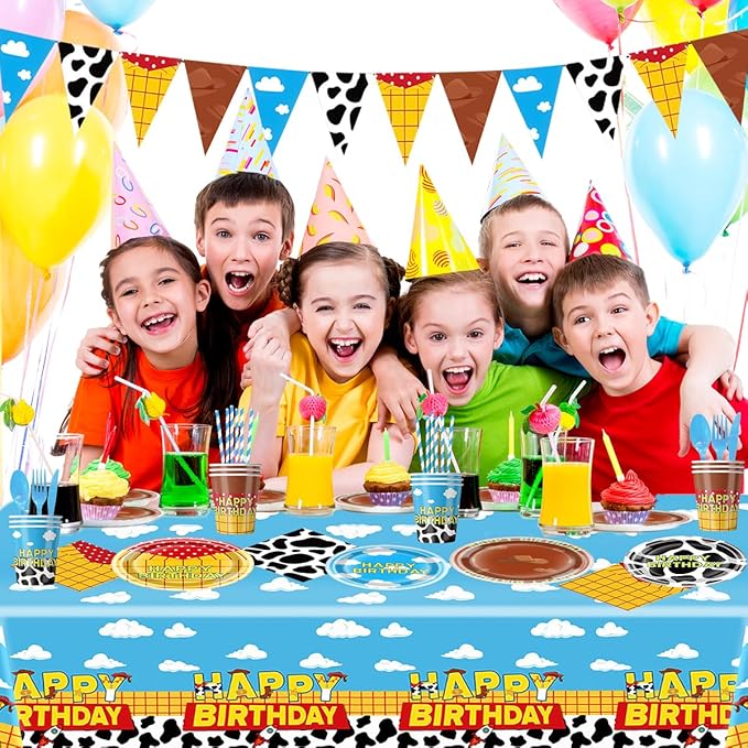 Cartoon Toy Birthday Party Supplies,Blue Sky and White Clouds Pattern With Cow Print Design,Cartoon Story Tableware Party Decoration
