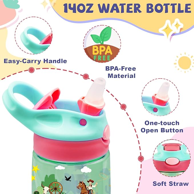 14oz Kids Water Bottle with Straw Lid - Cowboy Water Bottles for Kids, Leakproof, Lightweight, Durable Plastic Bottles for School Travel, Pop-Up Straw Cover, Gift Cup for Boys Girls(Cowboy)