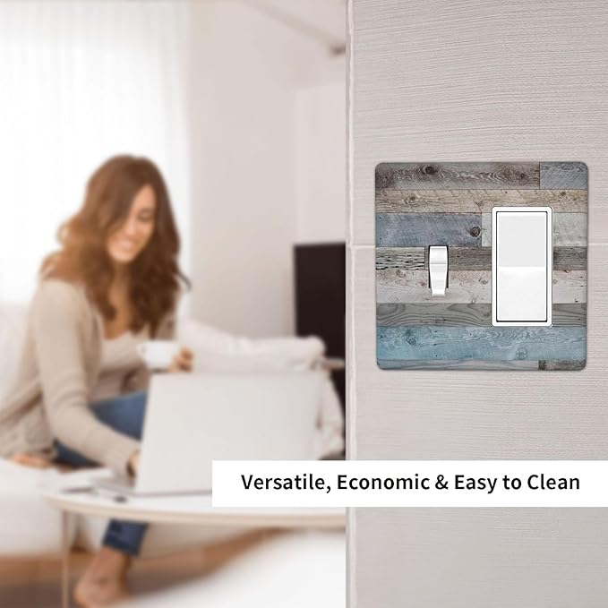 Rustic Vintage Kitchen 2-Gang 1-Toggle 1-Decorator/GFCI Device Combination Wallplate Western Blue Grey Wood Plank Country Barn Door Combo Toggle Receptacle Rocker Outlet Light Switch Cover Face Plate