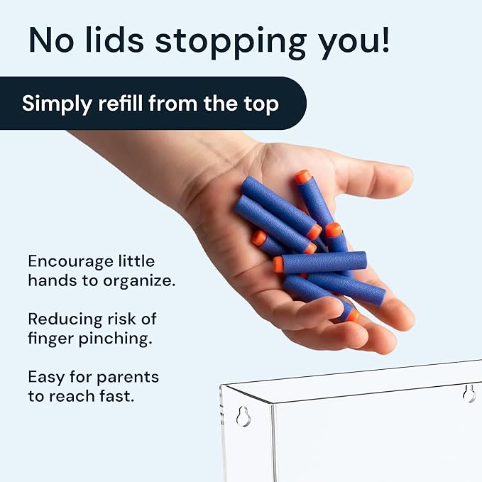 SimplyImagine Single Acrylic Toy Dispenser for Kids - High-Volume Toy Foam Blasters, Car & Building Block Storage Bin - Wall Mount or Countertop Clear Hanging Organizer for Nursery & Playroom