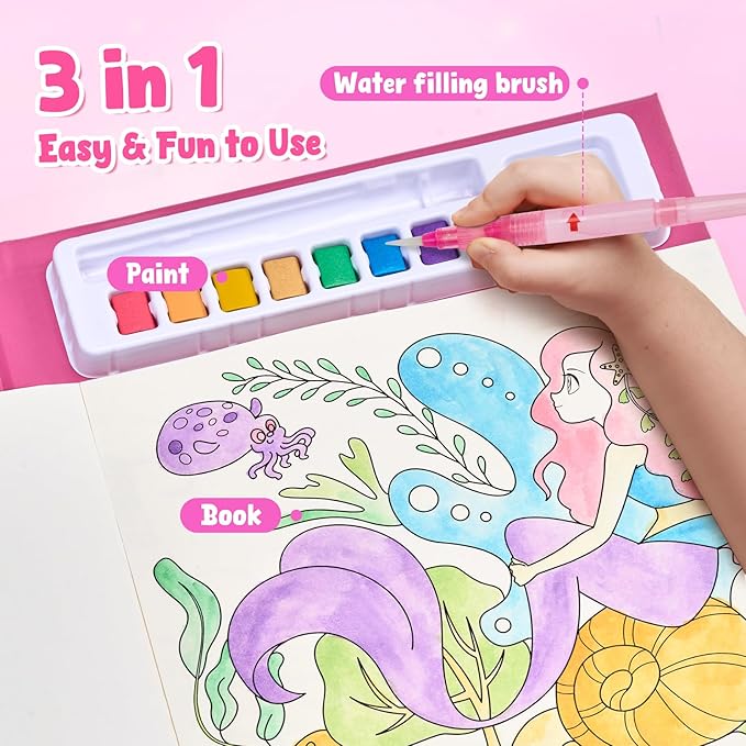 JoyCat Paint with Water Coloring Books, Art & Craft Activity, No Mess Art for Kids Ages 4-8, Craft Kits & Supplies, DIY Creative Activity, Gifts for Girls & Boys (Ocean Princess)