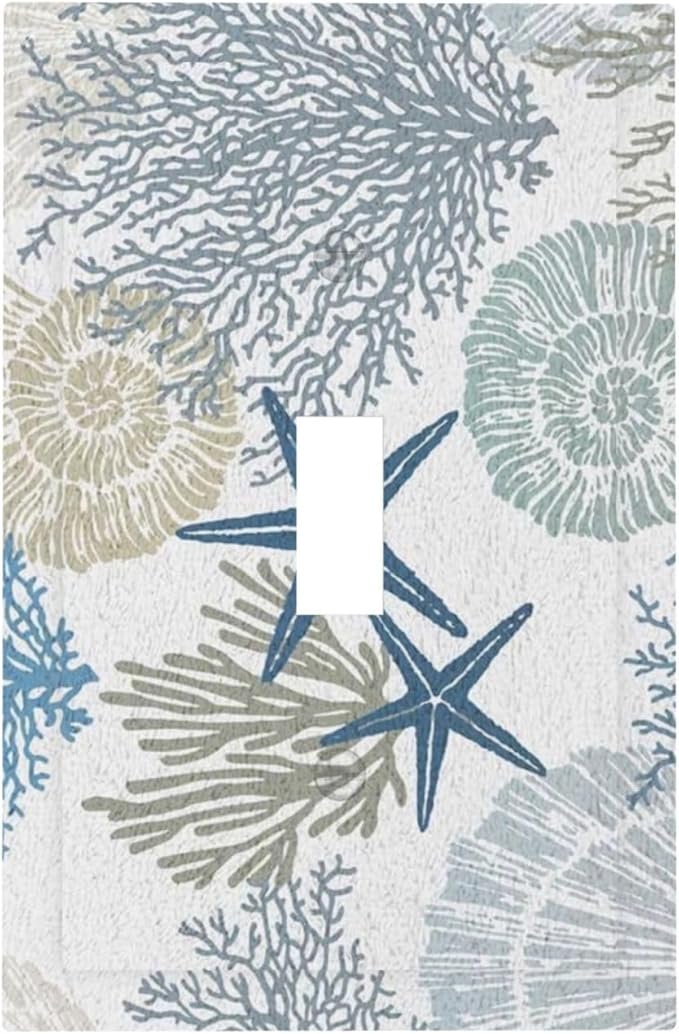 Tropical Beach Nautical Decorative Single Toggle Light Switch Plate and Decorative Outlet Cover Teal Blue Starfish Seashell Coral Coastal Conch Ocean 1 Gang Receptacle Switch Face Plate Cover Mid Size