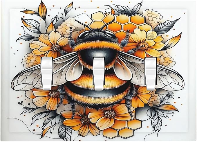 Decorative Switch Plates Bee Honeycomb Flowers Plant Leaves 3 Gang Wall Plate Triple Toggle Light Switch Cover Faceplate Electrical Wall Panels For Nursery Kids Room Decor