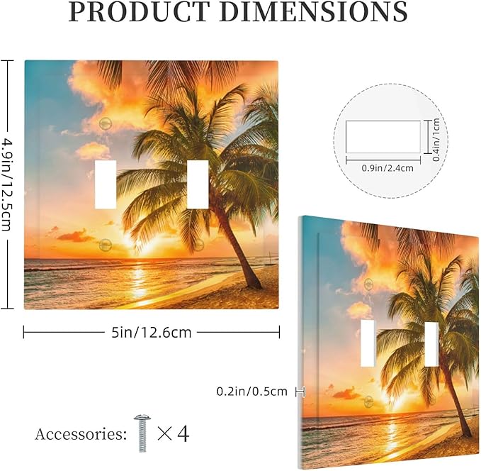 Light Switch Cover Sunset Beach Palm Tree Seascape 2 Gang Wall Plate Double Light Switch Plate Tropical scenery Toggle Decorative Outlet Covers Electrical Switchplate for Bathroom Home Decor