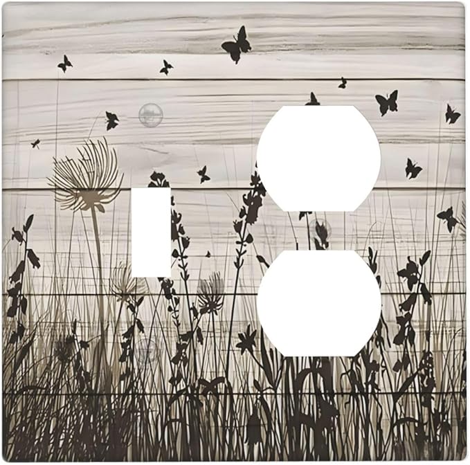 Wildflower Butterfly Grass Dandelion Vintage Wooden Print Wallplates 1 Toggle 1 Duplex Switch Plate Electrical GFCI Faceplate Decorative Light Switch Covers for Farmhouse Home Decor