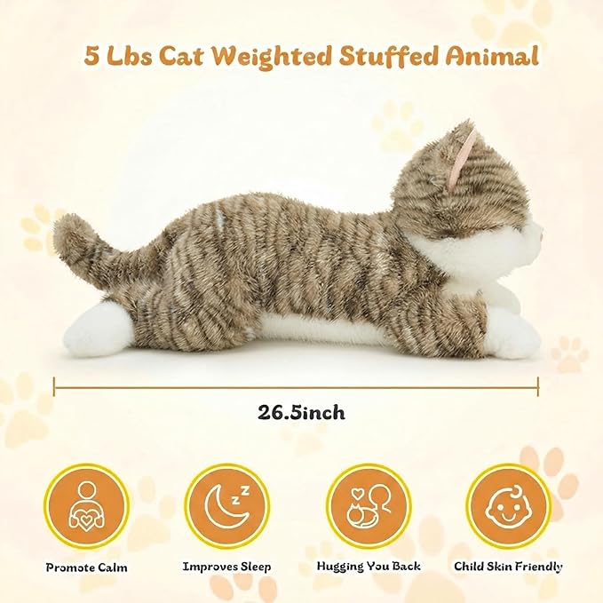 26.5 inch 5 Lbs Weighted Cat Stuffed Animals, Large Realistic Cat Weighted Stuffed Animal, Sensory Comfort Plush Throw Pillow, Soft Kawaii Kitty Plush Toy Gift for Adults Youth