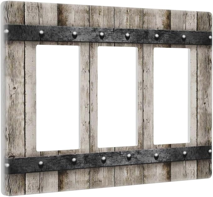 Western Country Farmhouse Style Decorative Triple Decorator Light Switch Cover Cabin Barn Garage Faceplate, Old Distressed Rustic Vintage Retro 3 Gang GFCI/Rocker Electrical Wall Plate Outlet Cover
